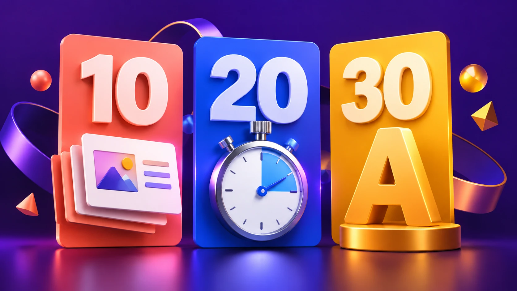The numbers 10, 20 and 30 with slides, a timer and a letterform