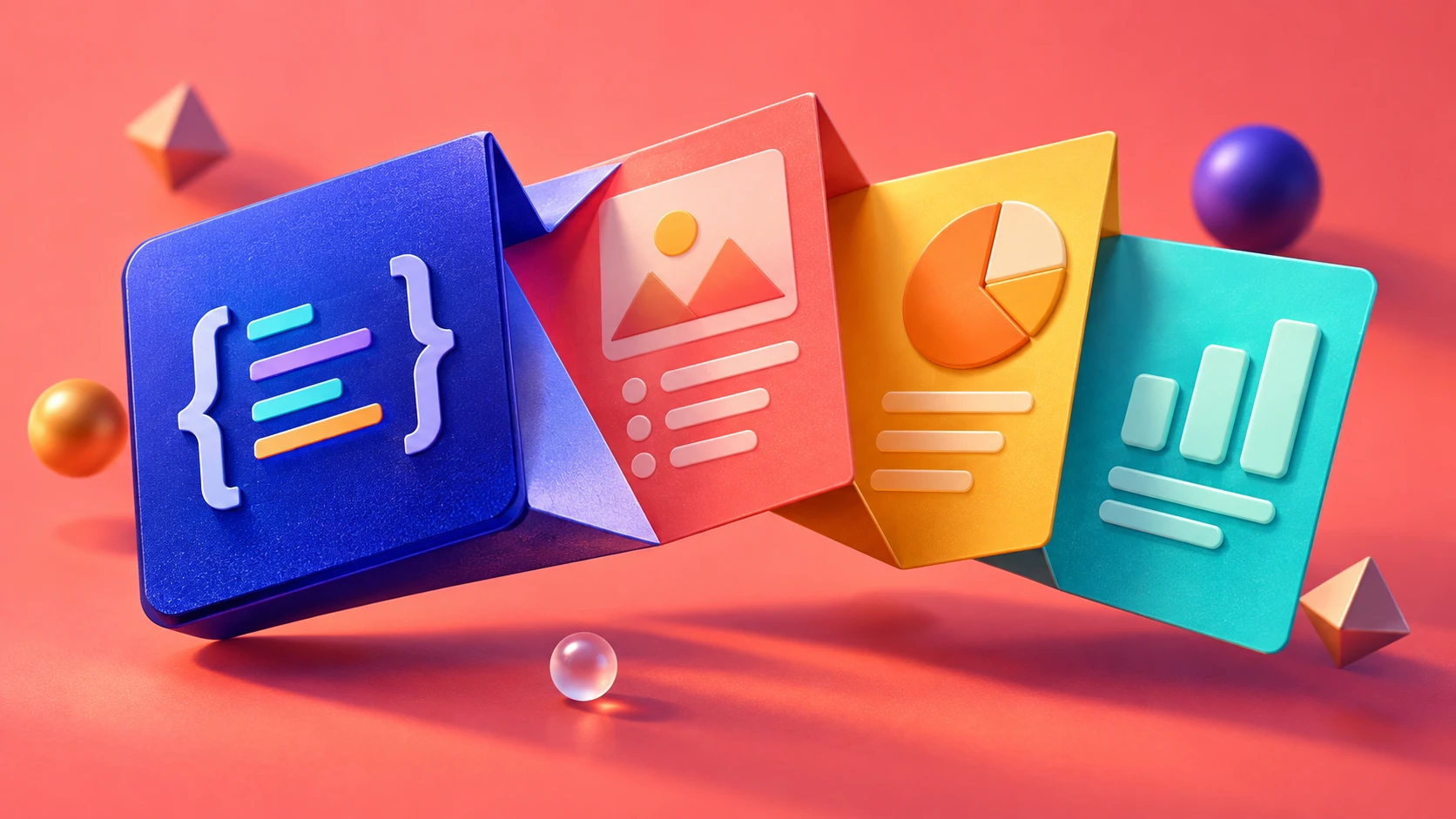 A code tile unfolds into a colorful slide deck